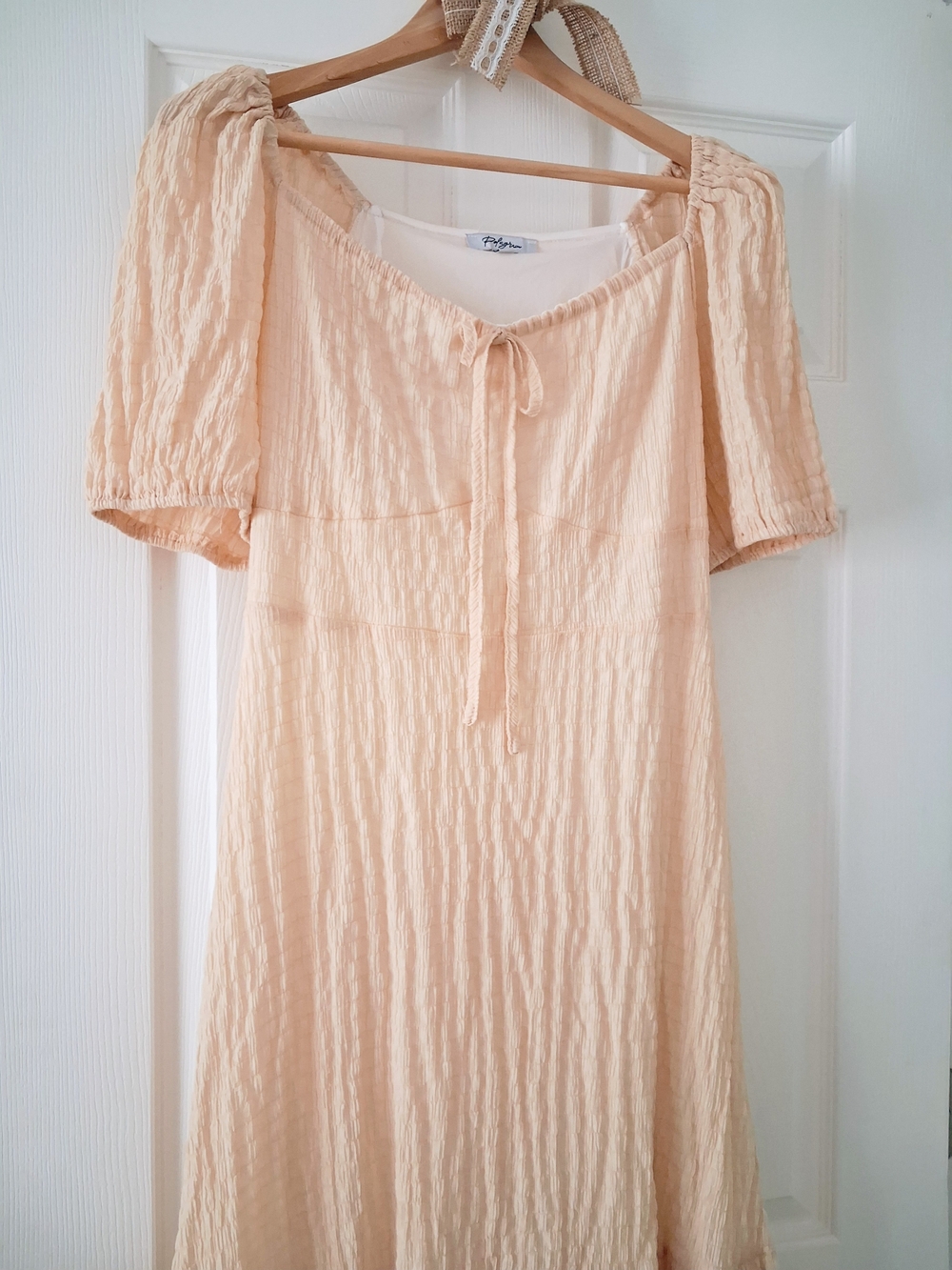 Roolee Polagram Buttercream Papaya Puff Sleeve Tie Front Textured Midi Dress